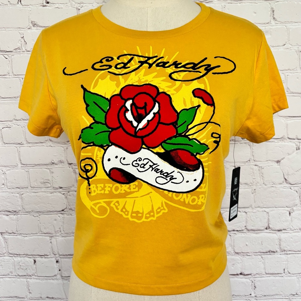 ED HARDY Yellow Rose Short Sleeve Cropped Baby Tee--L